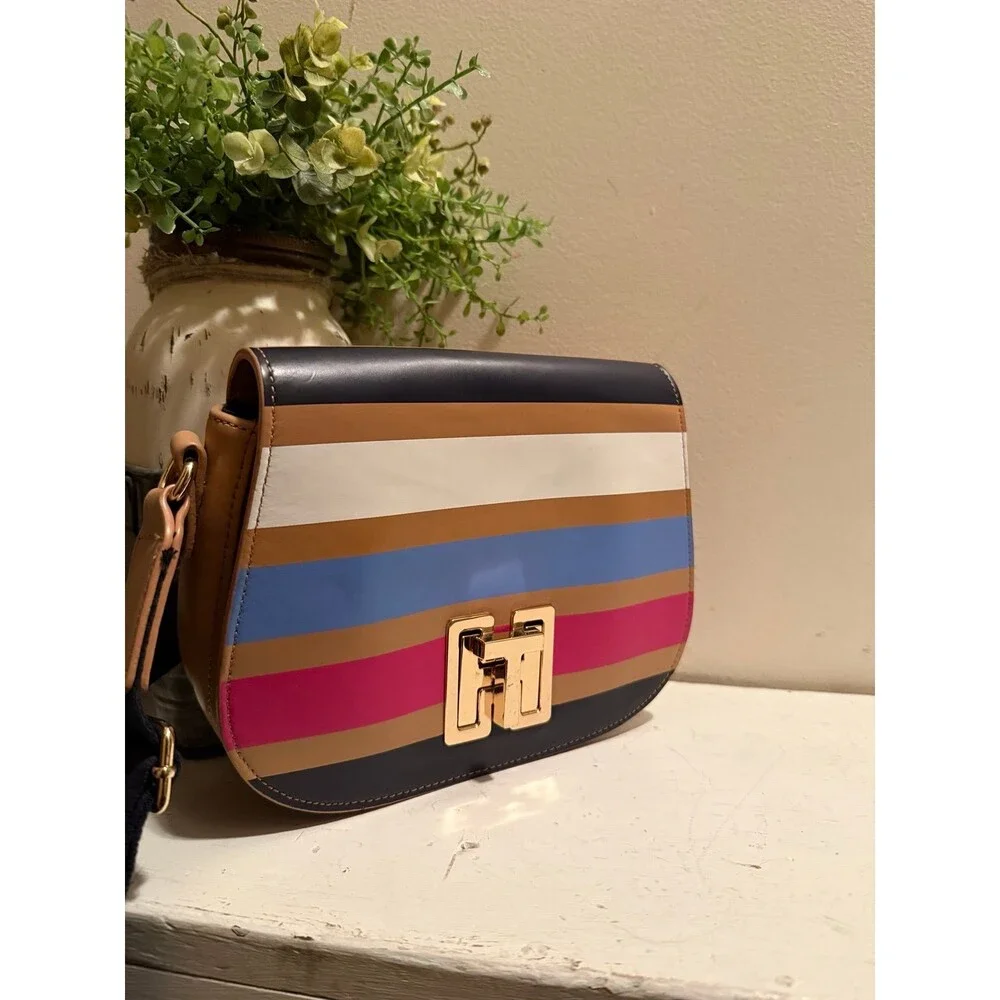 Tommy Hilfiger Genuine, Leather Stripped Saddle Crossbody Bag EUC